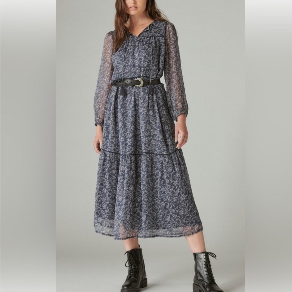 Lucky Brand Long Sleeve Raven Multi Print Peasant Boho Maxi Dress Size Med NWT